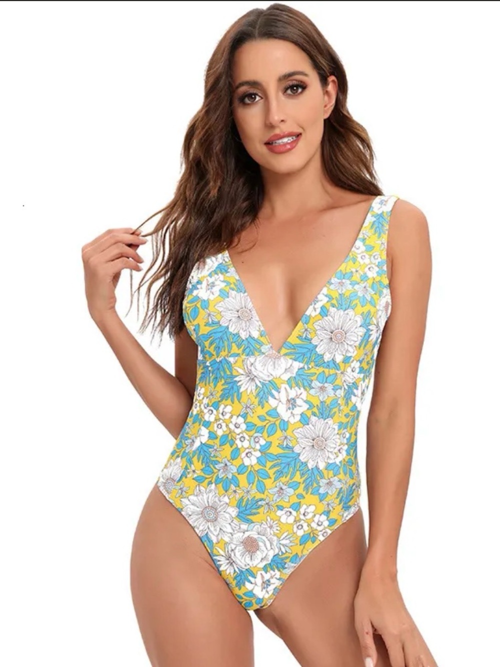 Floral V‑Neck One‑Piece Swimsuit in Yellow and Blue